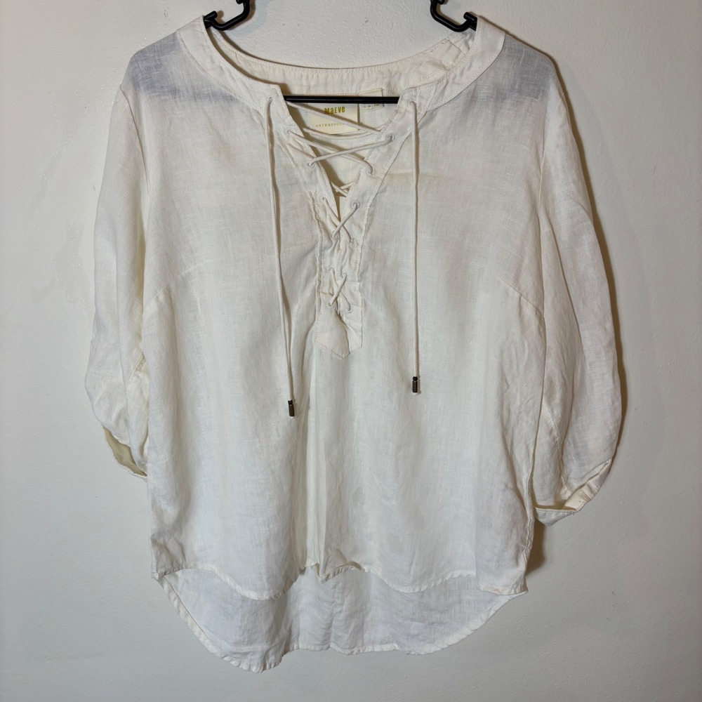 Maeve Anthropologie Cream Linen Lace-Up Tunic Top Roll-Tab Sleeve Blouse‎ Size 6